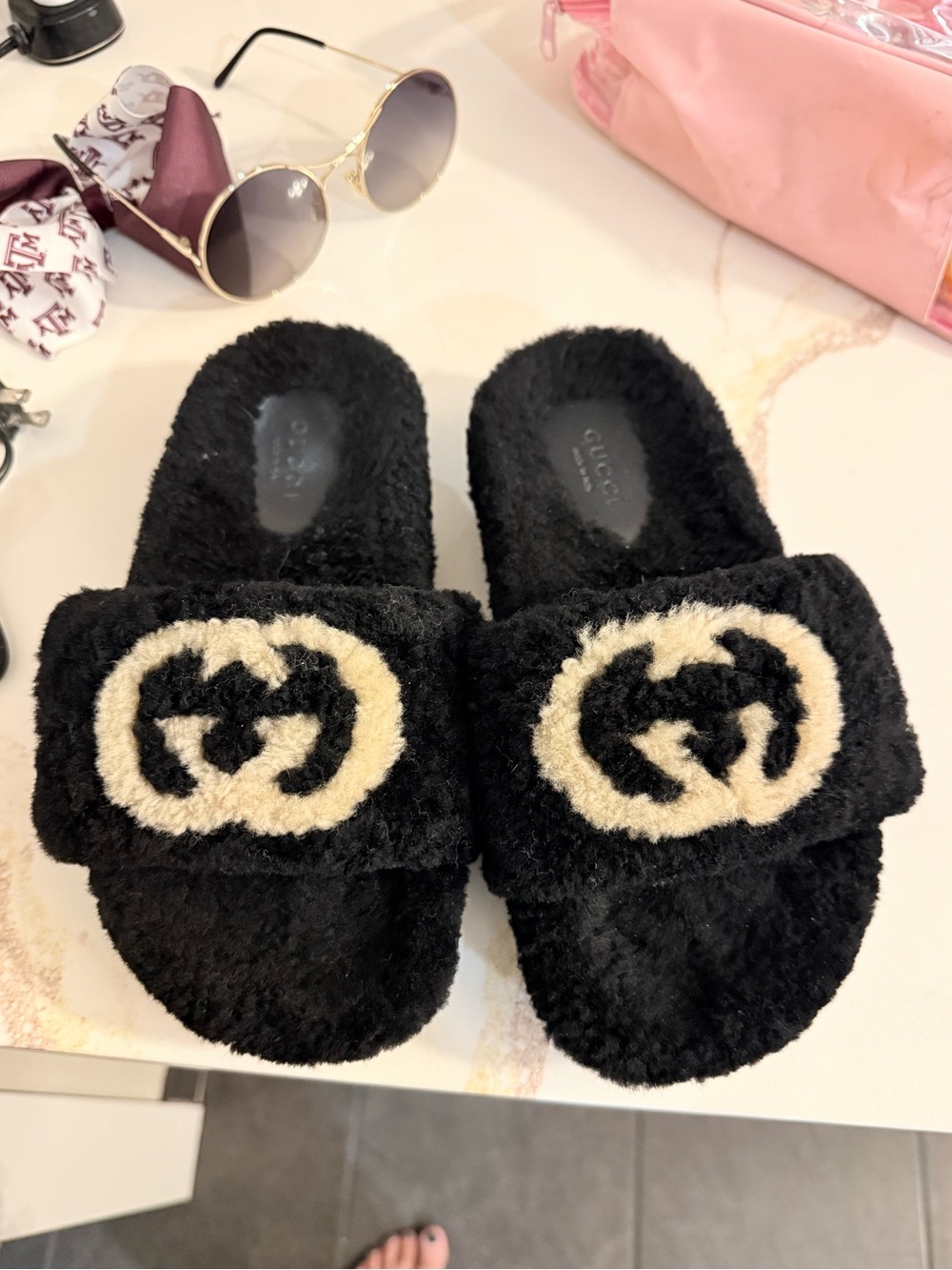 Gucci Black Shearling Slide Slippers with Cream GG Emblem